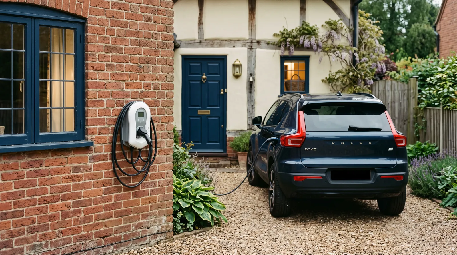 Wall-mounted EV chargepoint fitted to the outside of a brick house
